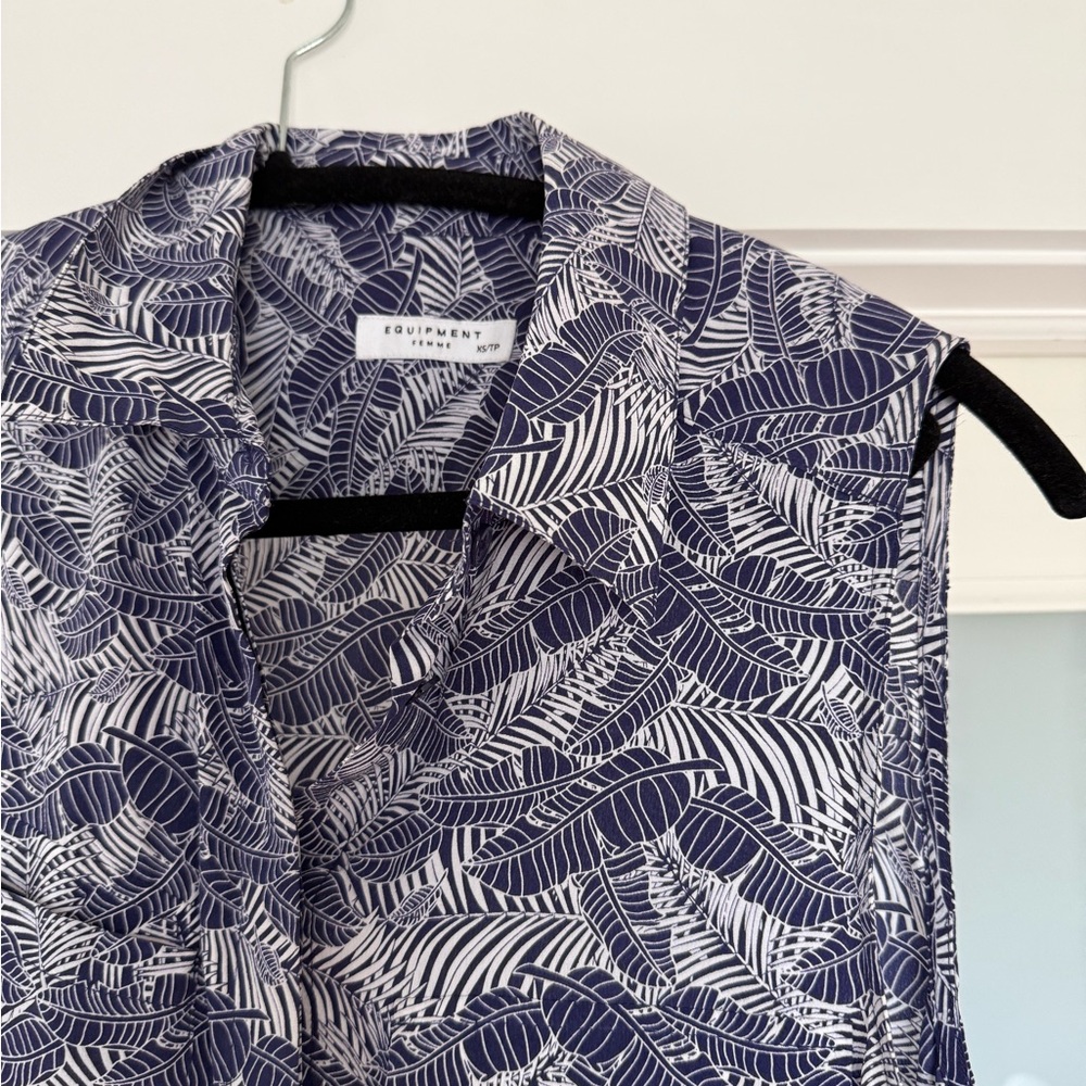 Equipment Blue White Sleeveless Shirt Dress Silk Midi Size XS